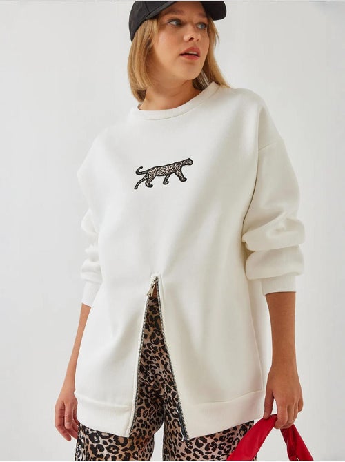Sweat-shirt imprimé léopard à triple fil brossé et fermeture éclair sur le devant de bianco lucci - Kiabi Sweat-shirt imprimé léopard à triple fil brossé et fermeture éclair sur le devant de bianco lucci - Kiabi