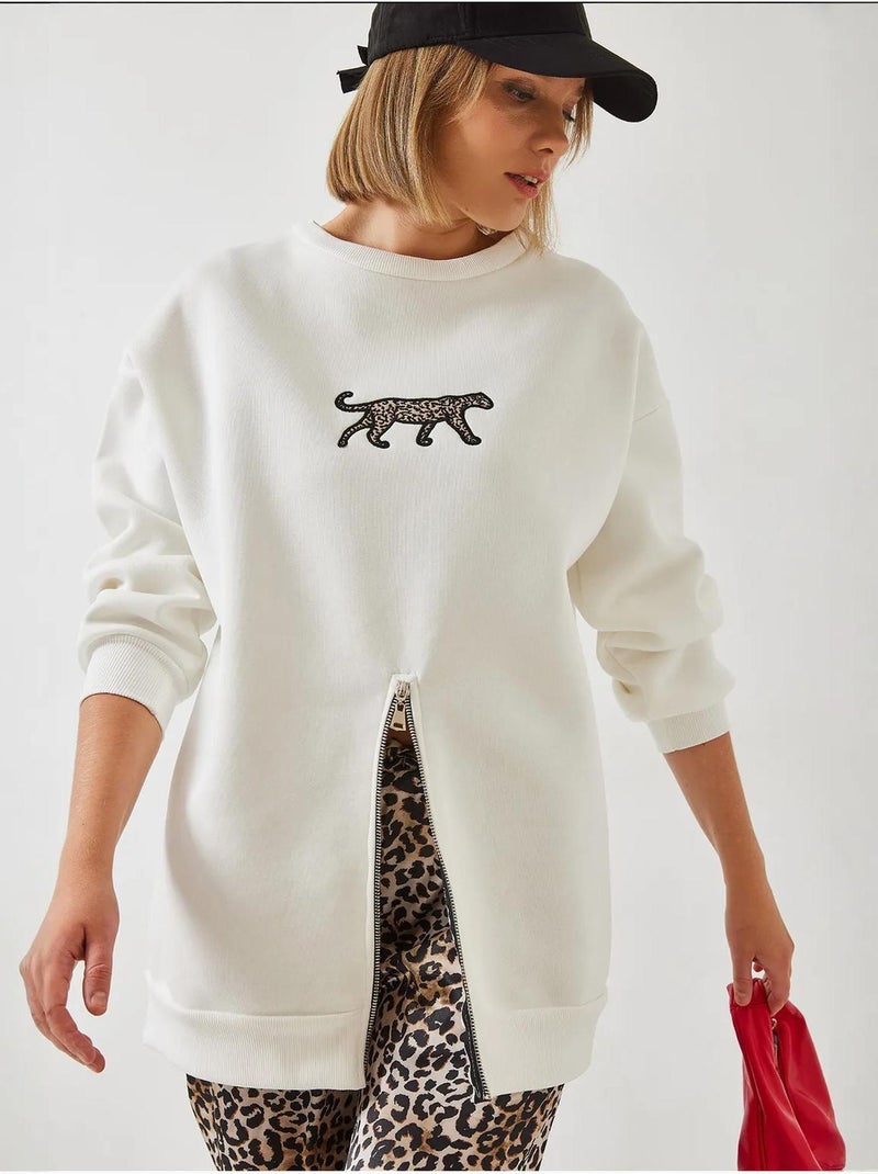 Sweat-shirt imprimé léopard à triple fil brossé et fermeture éclair sur le devant de bianco lucci Blanc - Kiabi