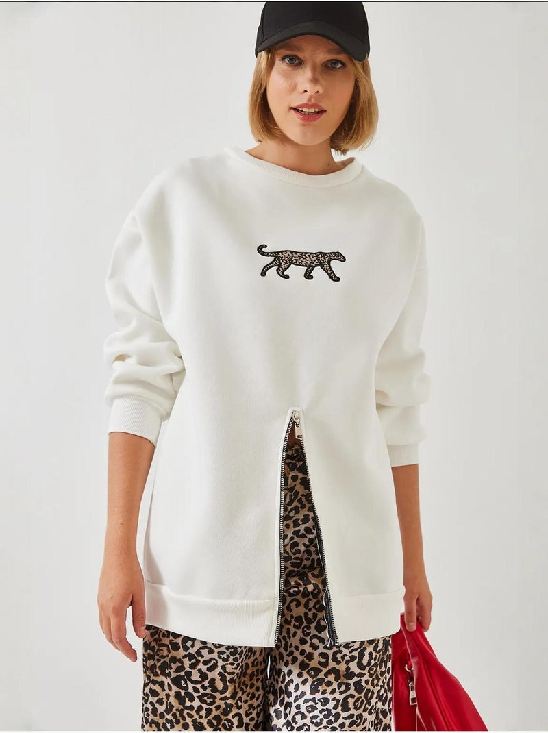 Sweat-shirt imprimé léopard à triple fil brossé et fermeture éclair sur le devant de bianco lucci Blanc - Kiabi