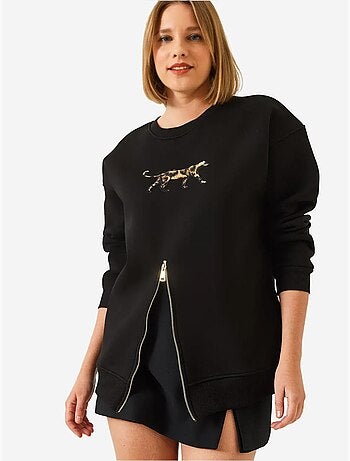 Sweat-shirt imprimé léopard à triple fil brossé et fermeture éclair sur le devant de bianco lucci