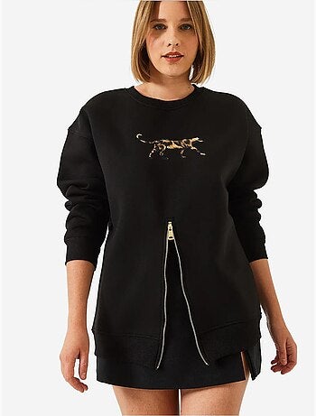 Sweat-shirt imprimé léopard à triple fil brossé et fermeture éclair sur le devant de bianco lucci
