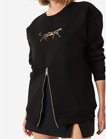 Sweat-shirt imprimé léopard à triple fil brossé et fermeture éclair sur le devant de bianco lucci