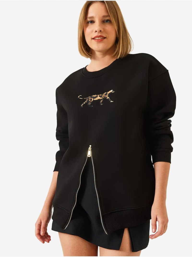 Sweat-shirt imprimé léopard à triple fil brossé et fermeture éclair sur le devant de bianco lucci Noir - Kiabi