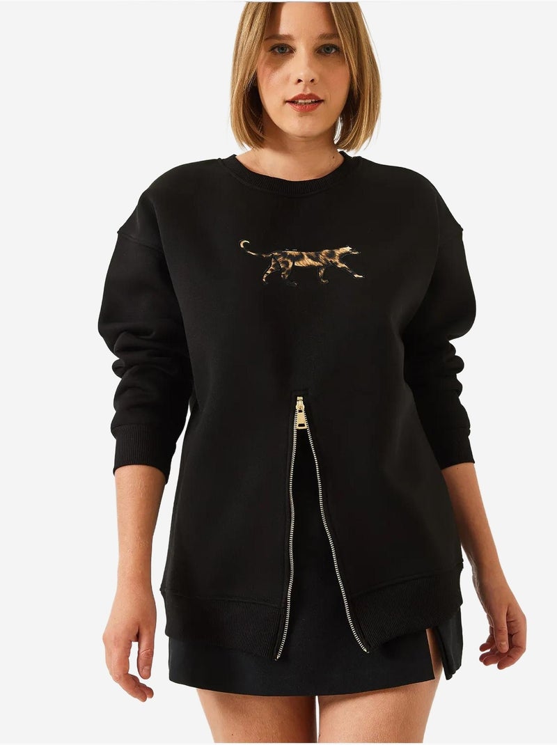 Sweat-shirt imprimé léopard à triple fil brossé et fermeture éclair sur le devant de bianco lucci Noir - Kiabi