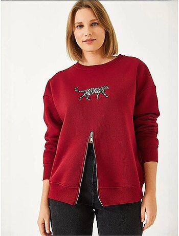 Sweat-shirt imprimé léopard à triple fil brossé et fermeture éclair sur le devant de bianco lucci