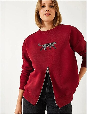 Sweat-shirt imprimé léopard à triple fil brossé et fermeture éclair sur le devant de bianco lucci