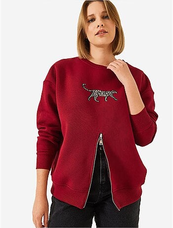Sweat-shirt imprimé léopard à triple fil brossé et fermeture éclair sur le devant de bianco lucci