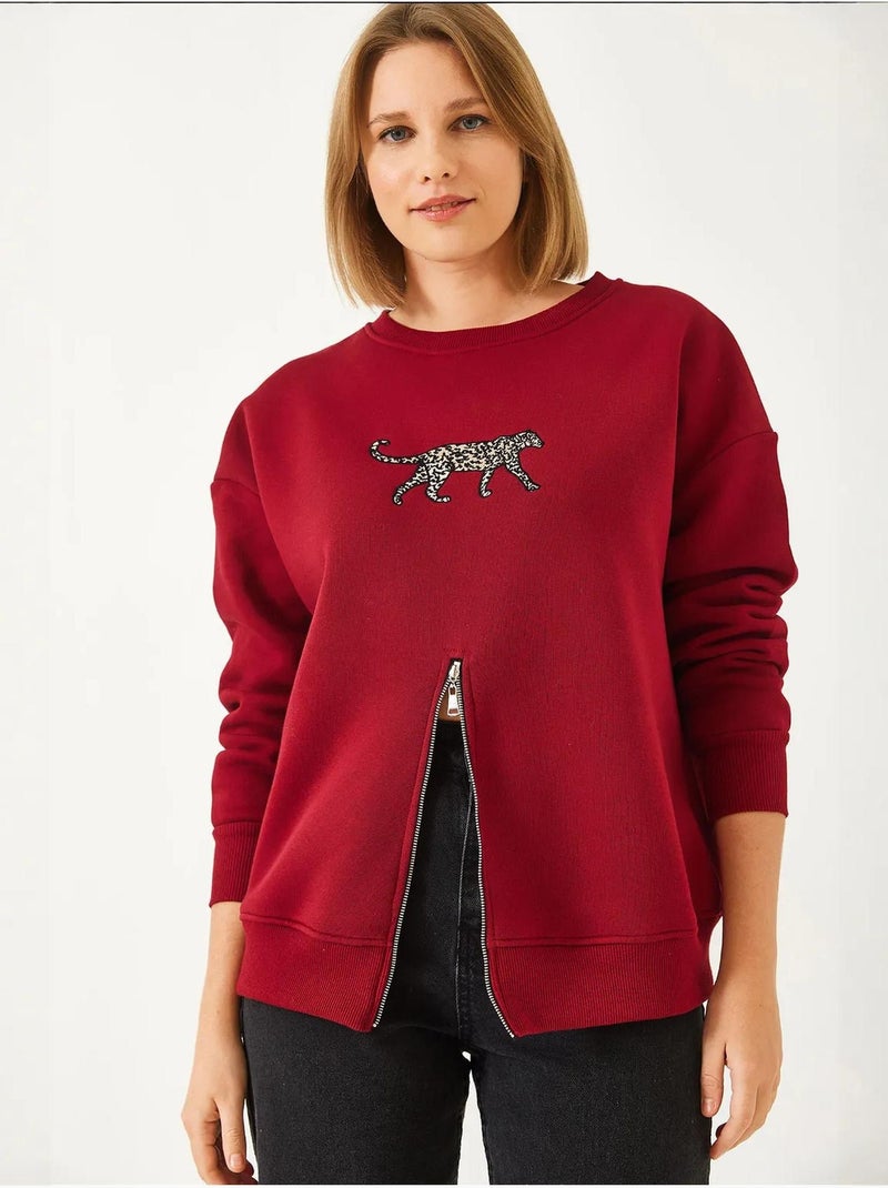 Sweat-shirt imprimé léopard à triple fil brossé et fermeture éclair sur le devant de bianco lucci Rouge bordeaux - Kiabi