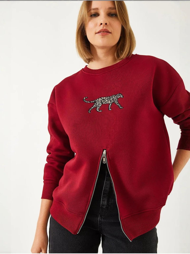 Sweat-shirt imprimé léopard à triple fil brossé et fermeture éclair sur le devant de bianco lucci Rouge bordeaux - Kiabi