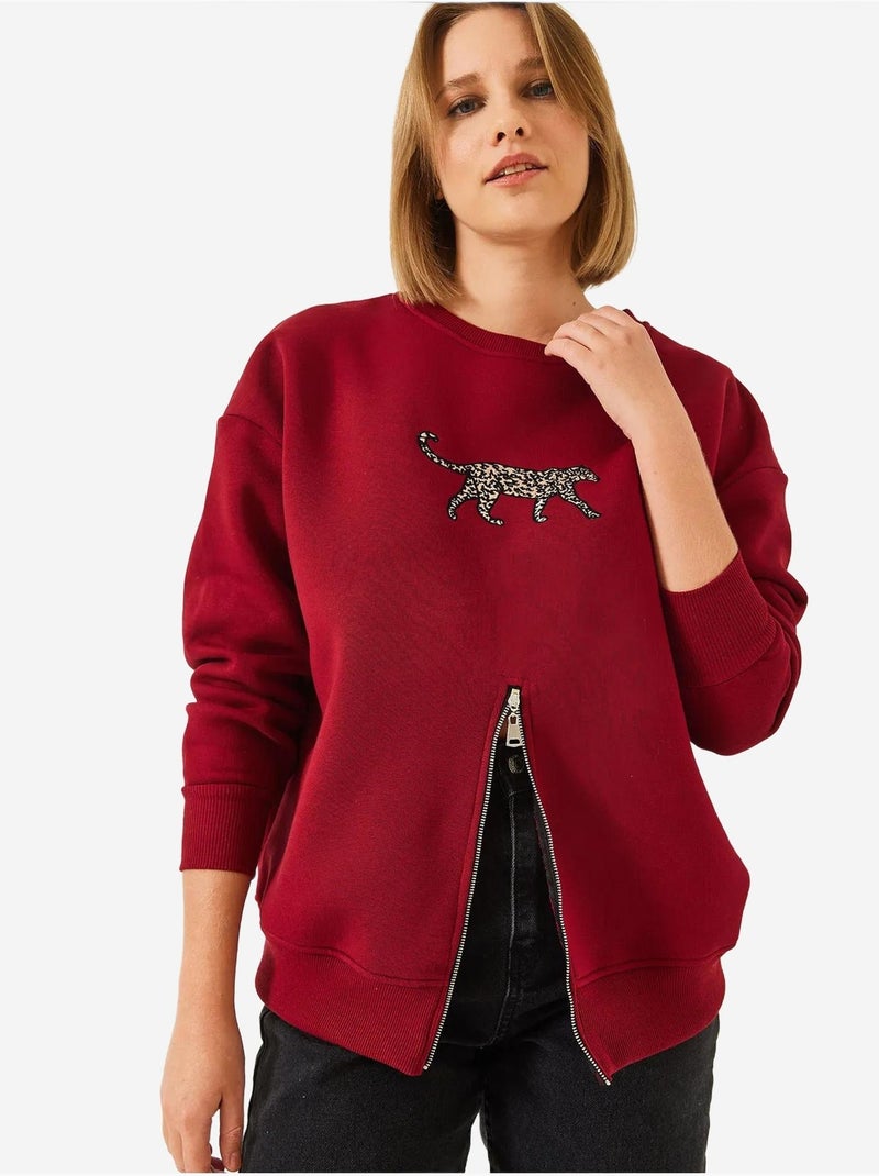 Sweat-shirt imprimé léopard à triple fil brossé et fermeture éclair sur le devant de bianco lucci Rouge bordeaux - Kiabi
