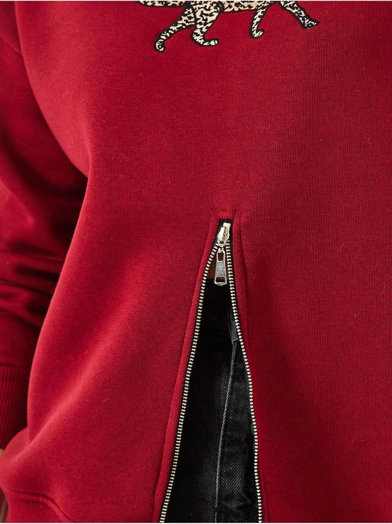 Sweat-shirt imprimé léopard à triple fil brossé et fermeture éclair sur le devant de bianco lucci Rouge bordeaux - Kiabi
