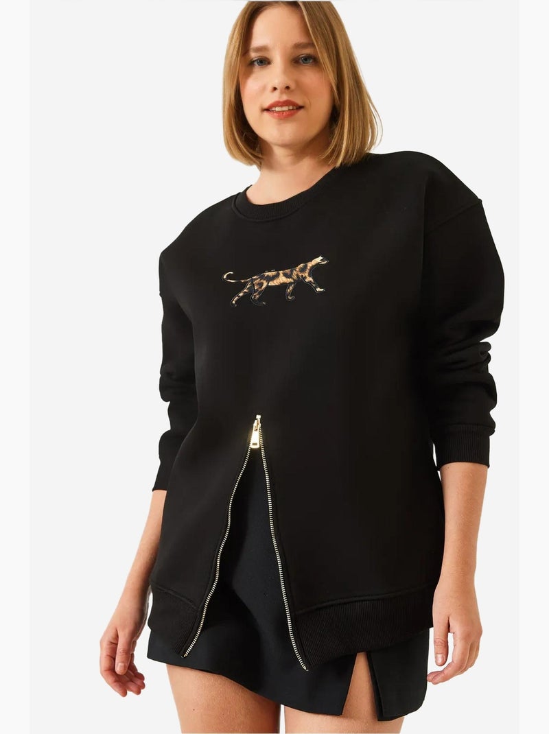 Sweat-shirt imprimé léopard à triple fil brossé et fermeture éclair sur le devant lucci Noir - Kiabi