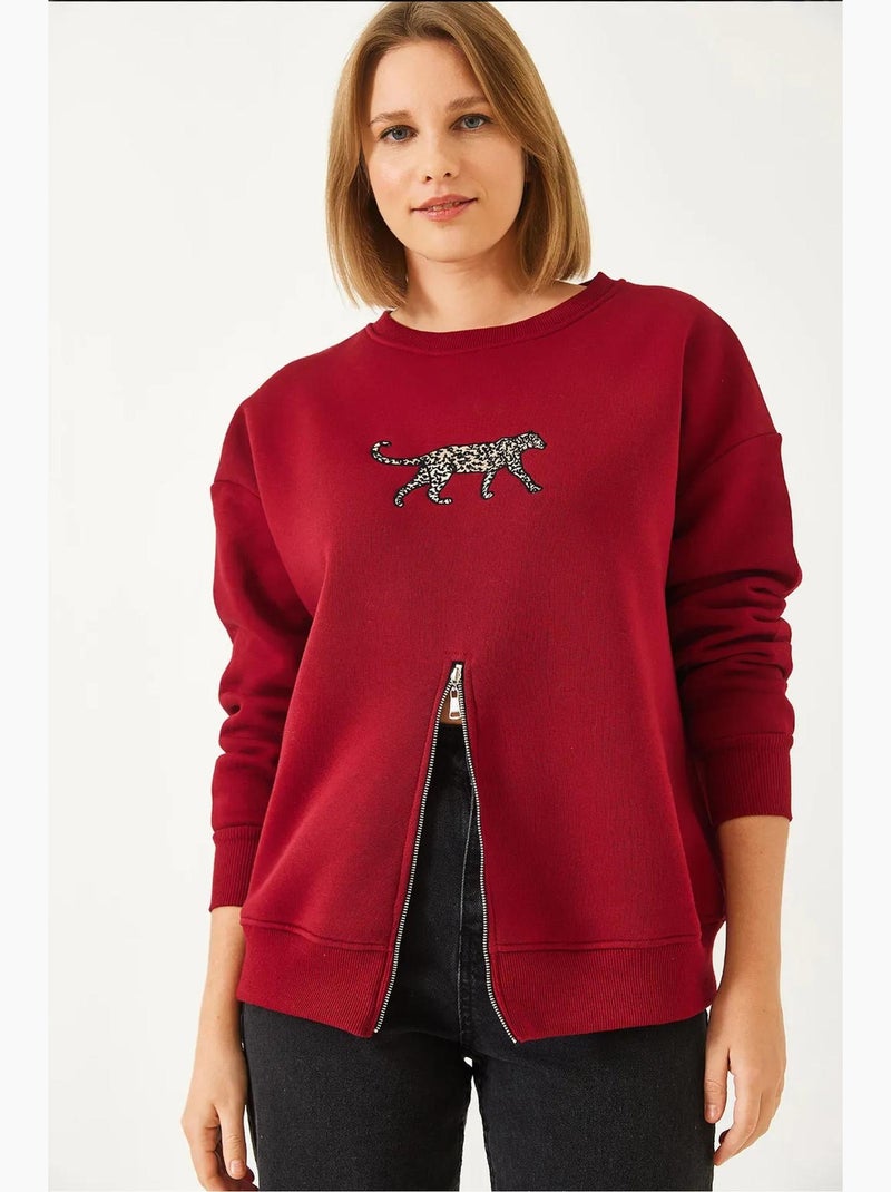 Sweat-shirt imprimé léopard à triple fil brossé et fermeture éclair sur le devant lucci Rouge bordeaux - Kiabi