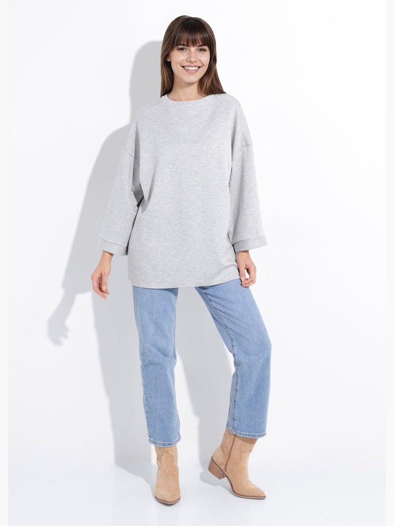 Sweat shirt large col rond, manches 3/4 - AFIBEL Gris chiné - Kiabi
