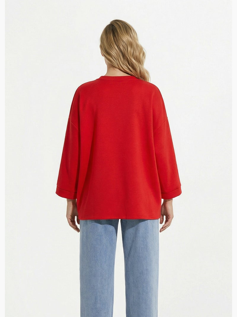 Sweat shirt large col rond, manches 3/4 - AFIBEL Rouge - Kiabi