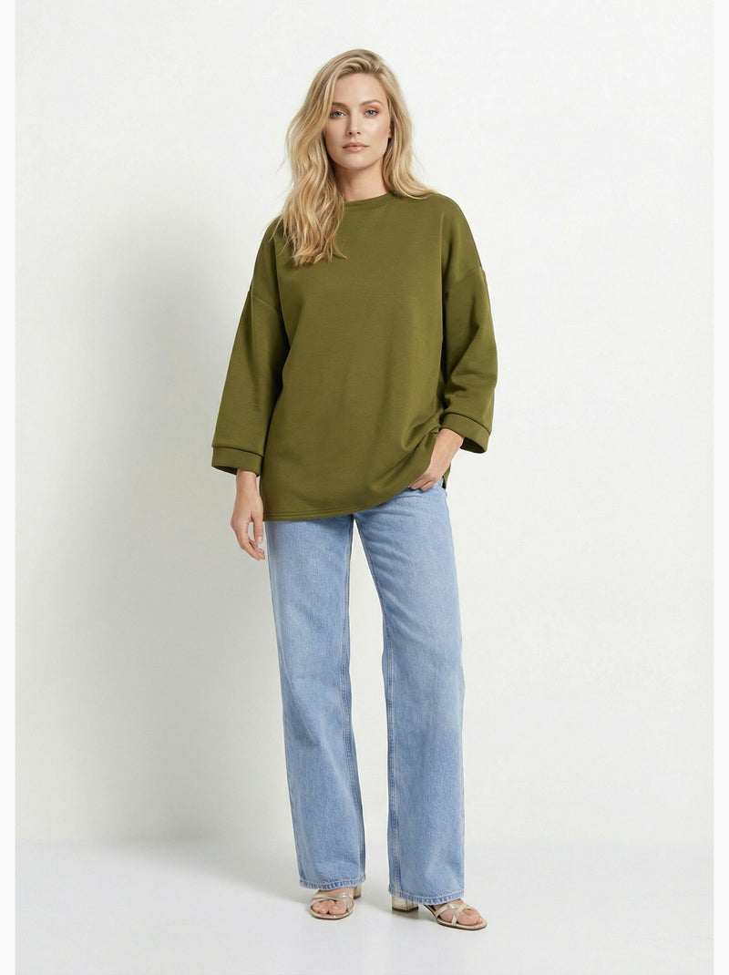 Sweat shirt large col rond, manches 3/4 - AFIBEL Vert olive - Kiabi