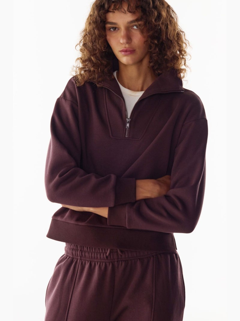 Sweat-shirt molletonné à demi-zip penti Rouge bordeaux - Kiabi