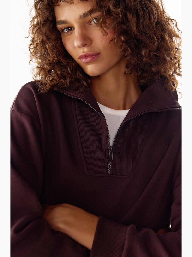 Sweat-shirt molletonné à demi-zip penti Rouge bordeaux - Kiabi