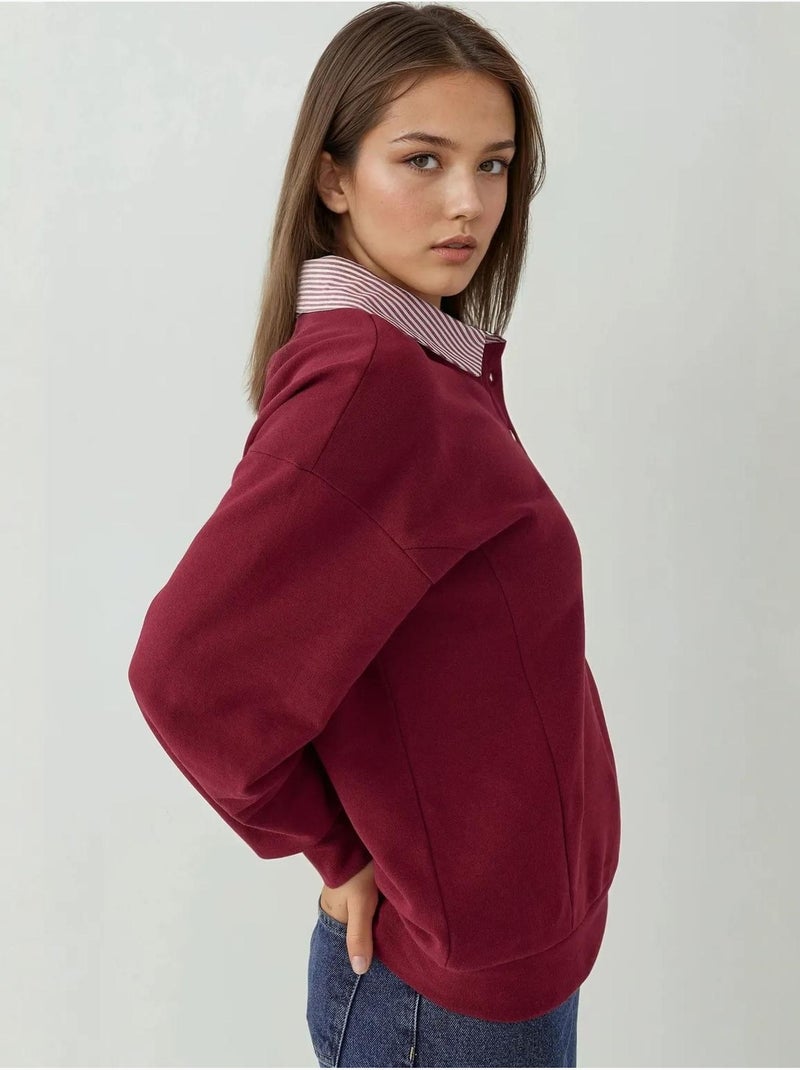 Sweat-shirt oversize à col polo avec détails tissés garni Rouge bordeaux - Kiabi