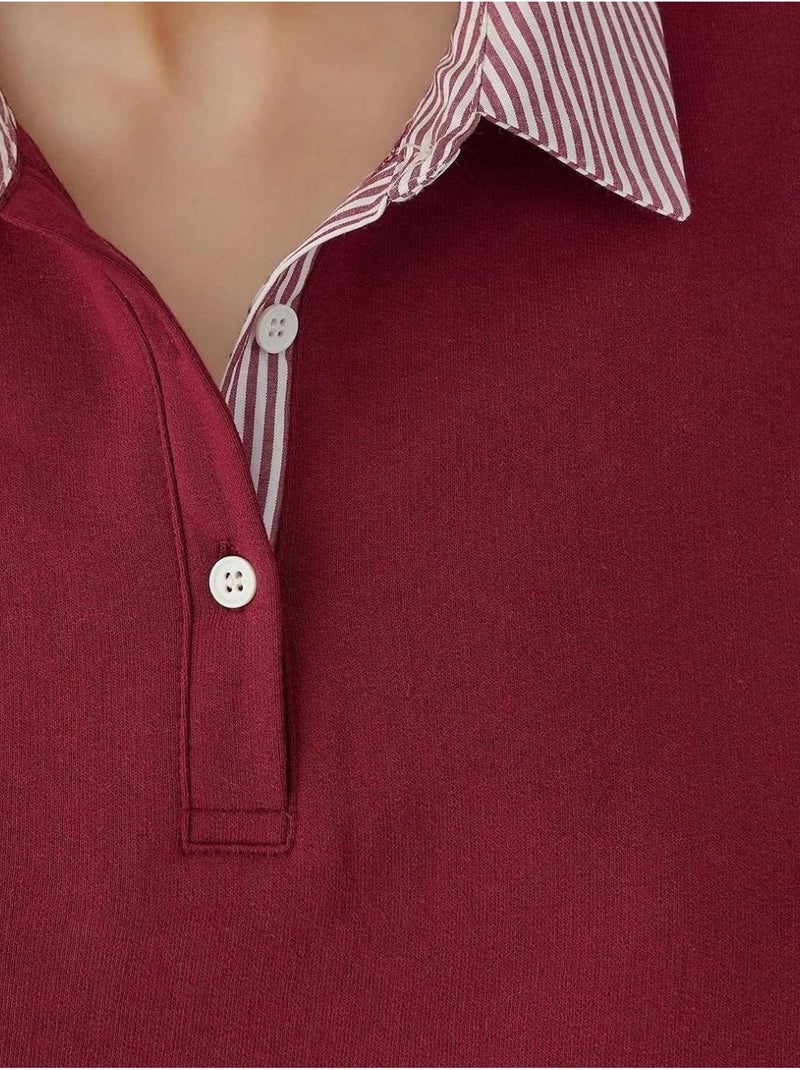 Sweat-shirt oversize à col polo avec détails tissés garni Rouge bordeaux - Kiabi