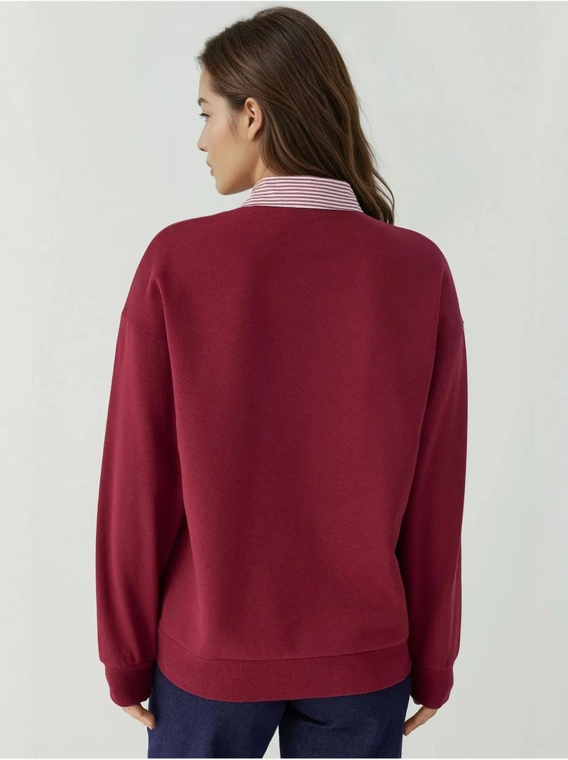Sweat-shirt oversize à col polo avec détails tissés garni Rouge bordeaux - Kiabi