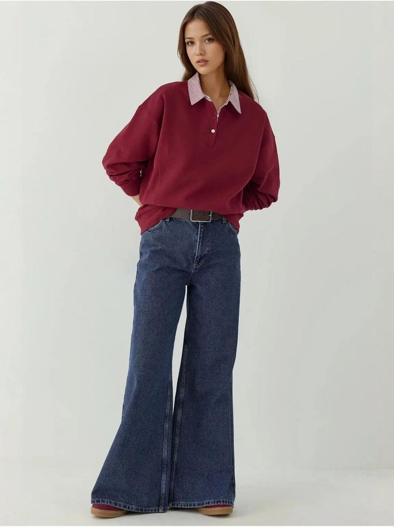 Sweat-shirt oversize à col polo avec détails tissés garni Rouge bordeaux - Kiabi