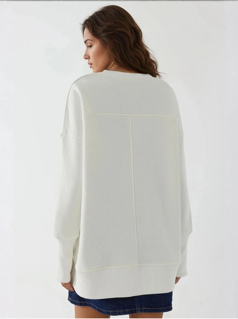 Sweat-shirt oversize à col ras du cou et fente sur le devant blanc Blanc - Kiabi