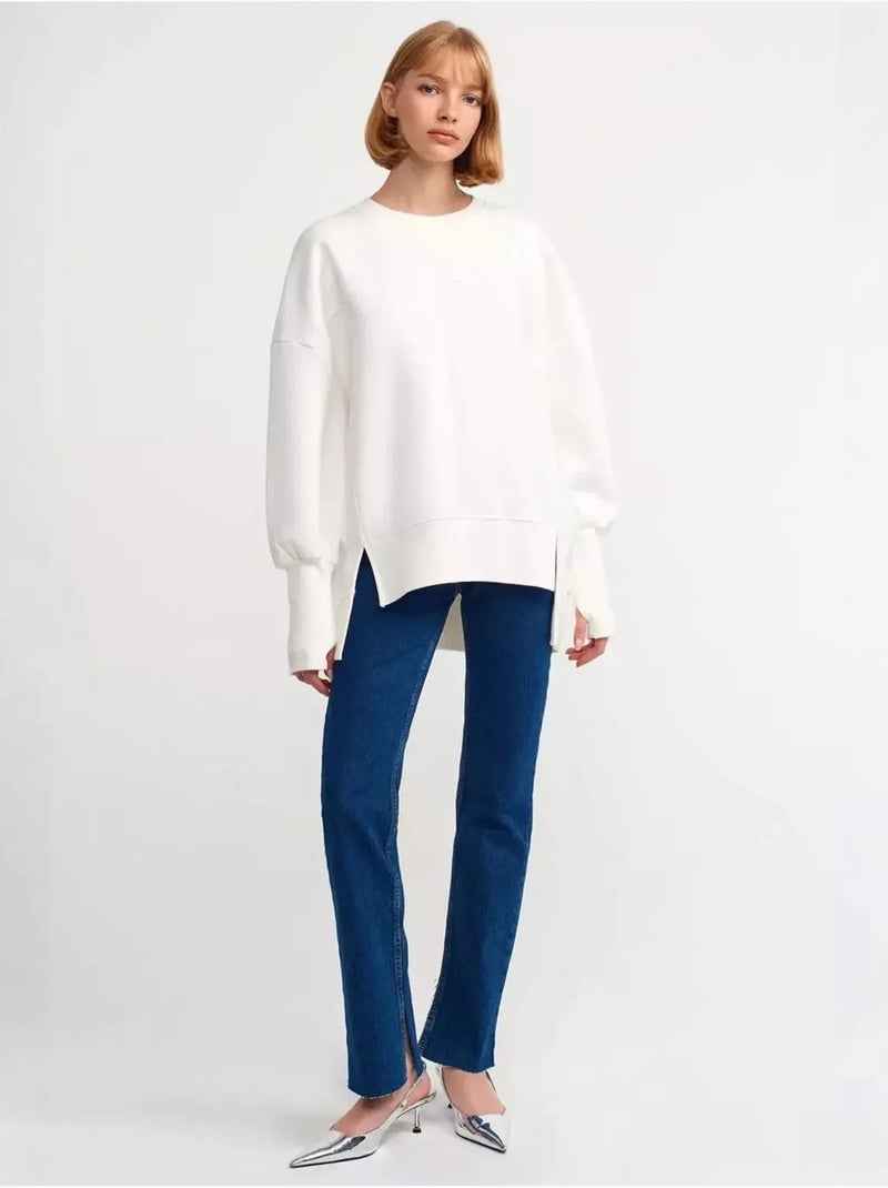 Sweat-shirt oversize à col ras du cou et fentes latérales Blanc - Kiabi