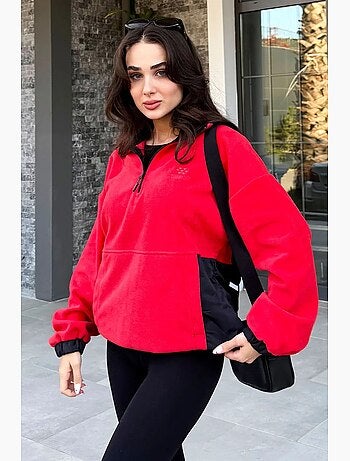 Sweat-shirt oversize en maille peluche, demi-zip tommy