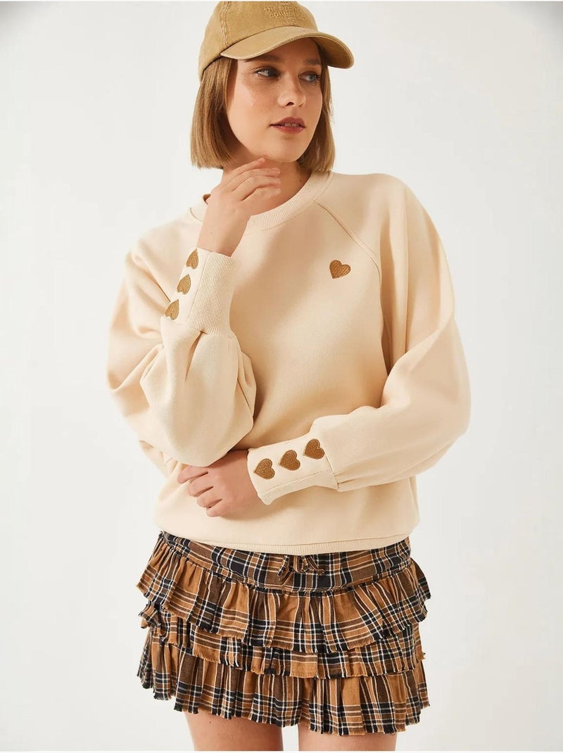 Sweat-shirt ras du cou bianco en tissu brossé triple fil avec cœur brodé lucci Beige argile - Kiabi