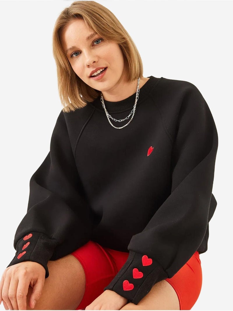 Sweat-shirt ras du cou bianco en tissu brossé triple fil avec cœur brodé lucci Noir - Kiabi