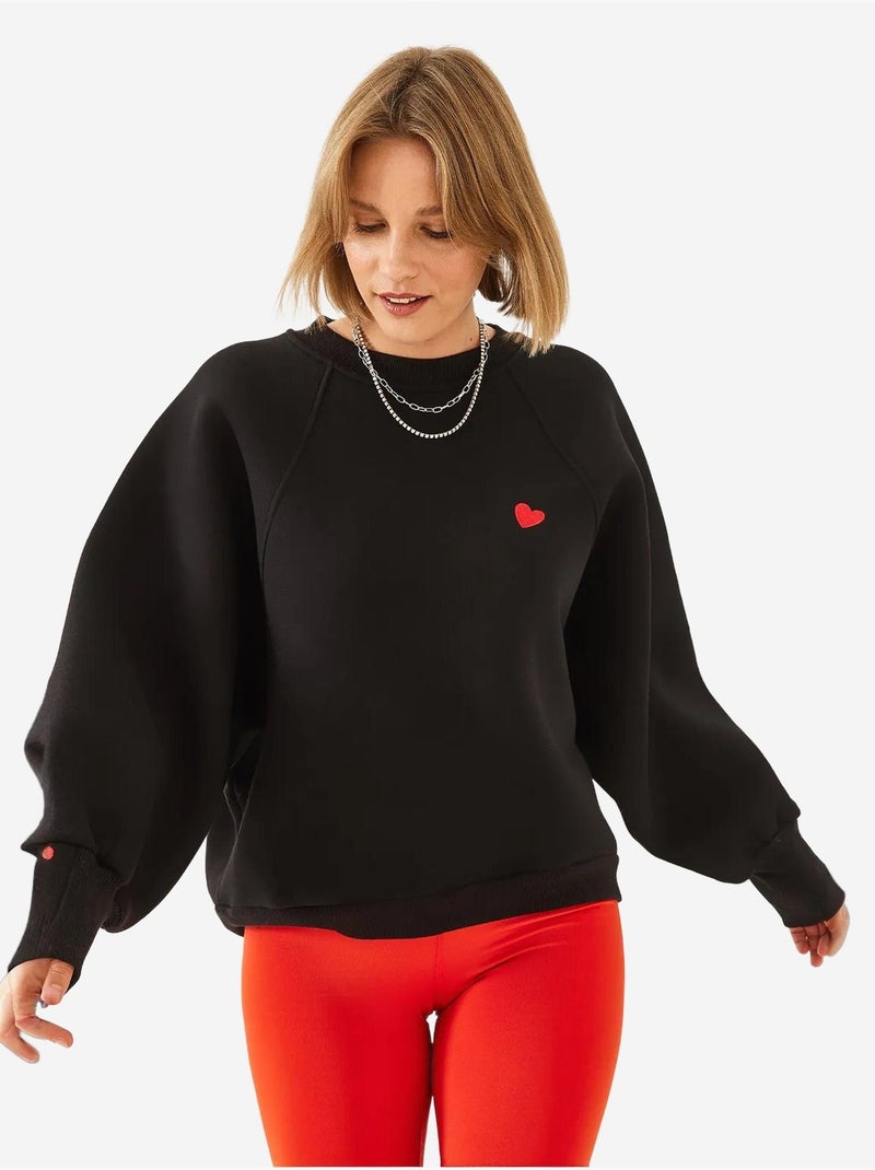 Sweat-shirt ras du cou bianco en tissu brossé triple fil avec cœur brodé lucci Noir - Kiabi