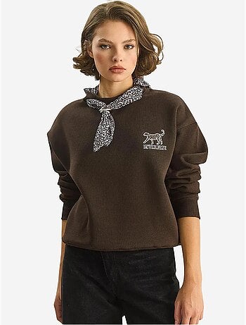 Sweat-shirt ras du cou brodé à imprimé léopard lucci