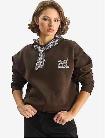 Sweat-shirt ras du cou brodé à imprimé léopard lucci