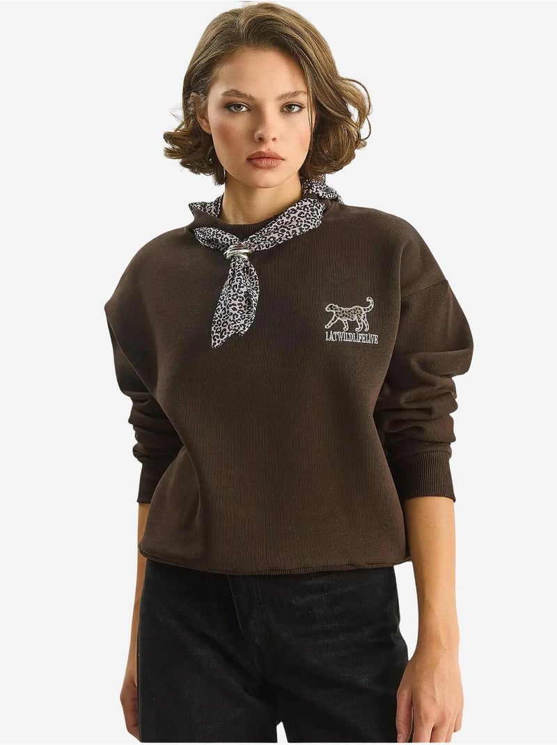 Sweat-shirt ras du cou brodé à imprimé léopard lucci Marron foncé - Kiabi