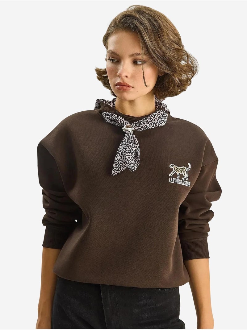 Sweat-shirt ras du cou brodé à imprimé léopard lucci Marron foncé - Kiabi