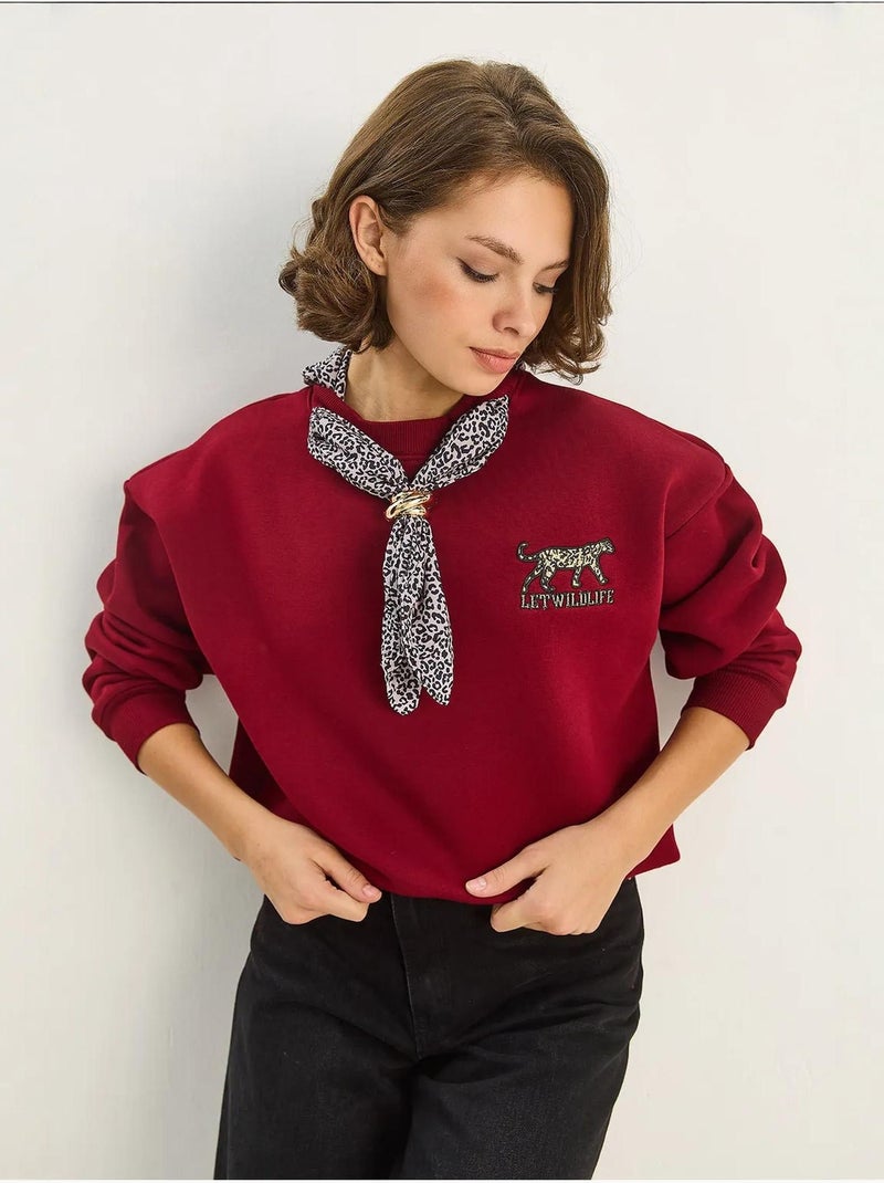 Sweat-shirt ras du cou brodé à imprimé léopard lucci Rouge bordeaux - Kiabi