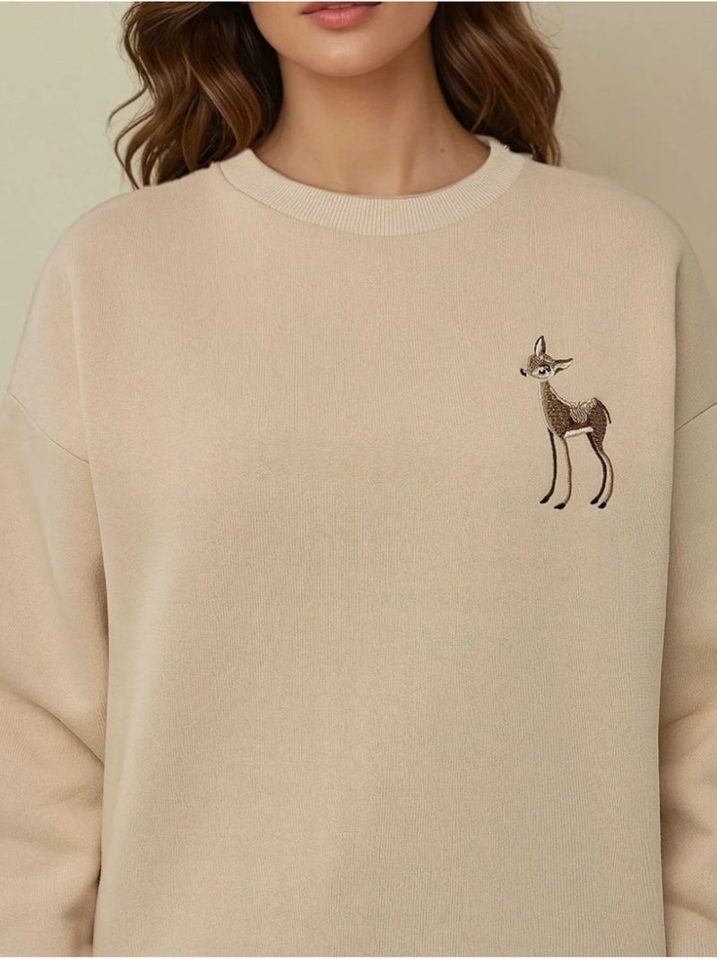 Sweat-shirt ras du cou brodé à motif animalier confortable Beige naturel - Kiabi