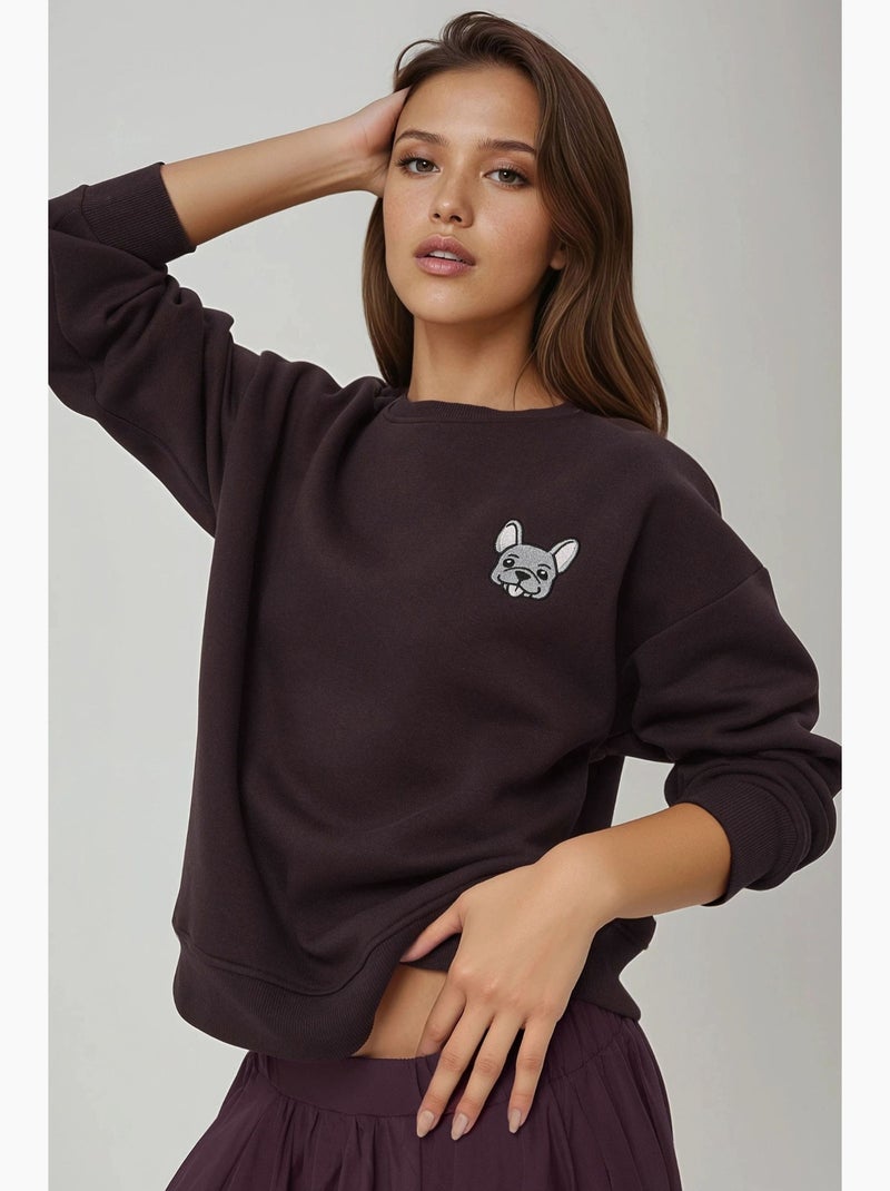 Sweat-shirt ras du cou brodé à motif animalier confortable hiccup Marron foncé - Kiabi