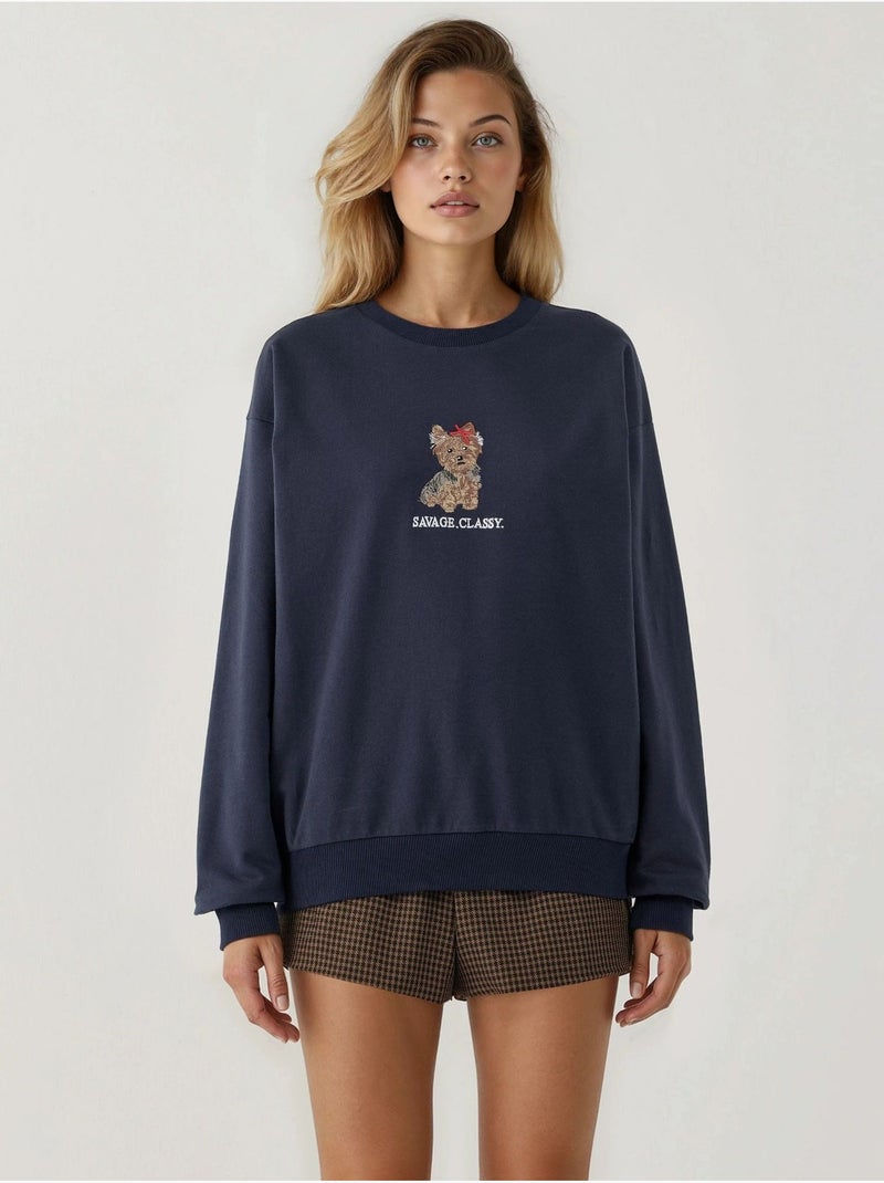 Sweat-shirt ras du cou brodé Bleu marine - Kiabi
