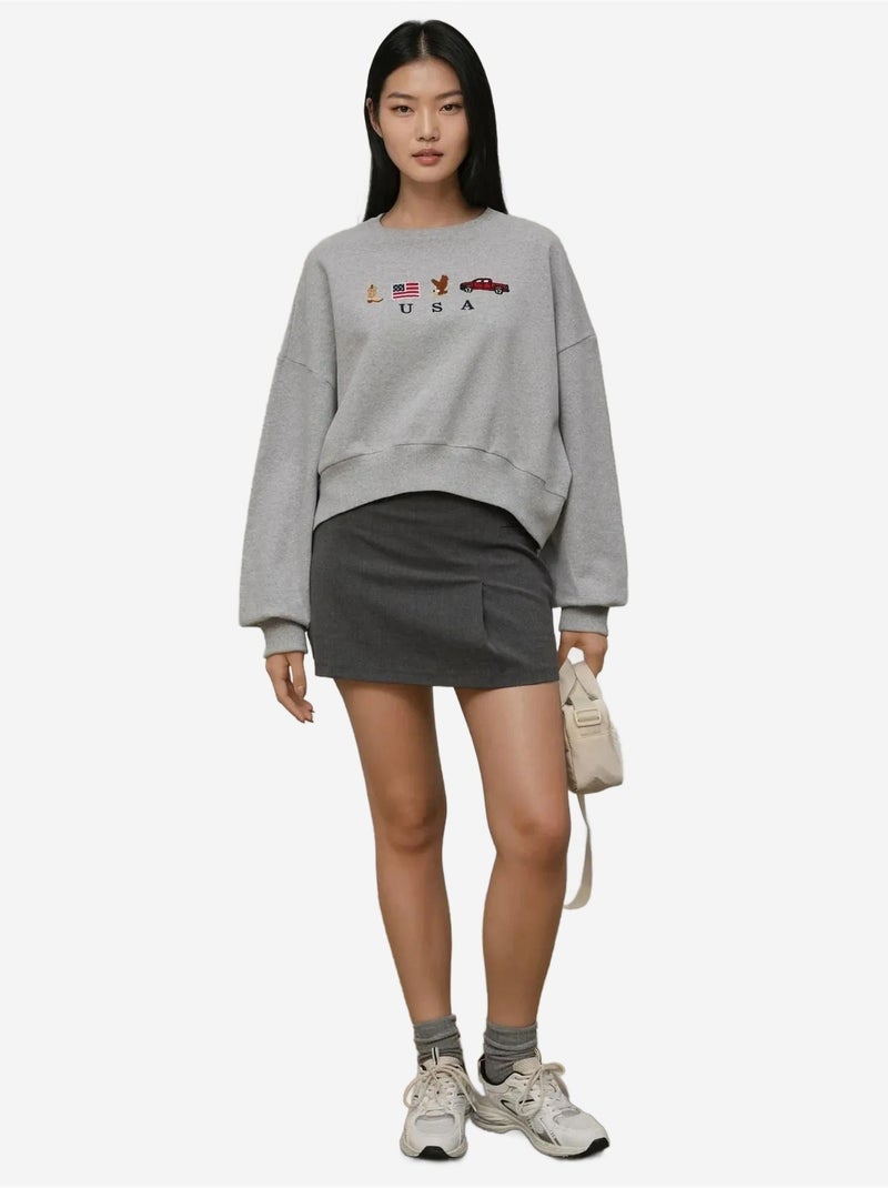 Sweat-shirt ras du cou brodé Gris clair - Kiabi