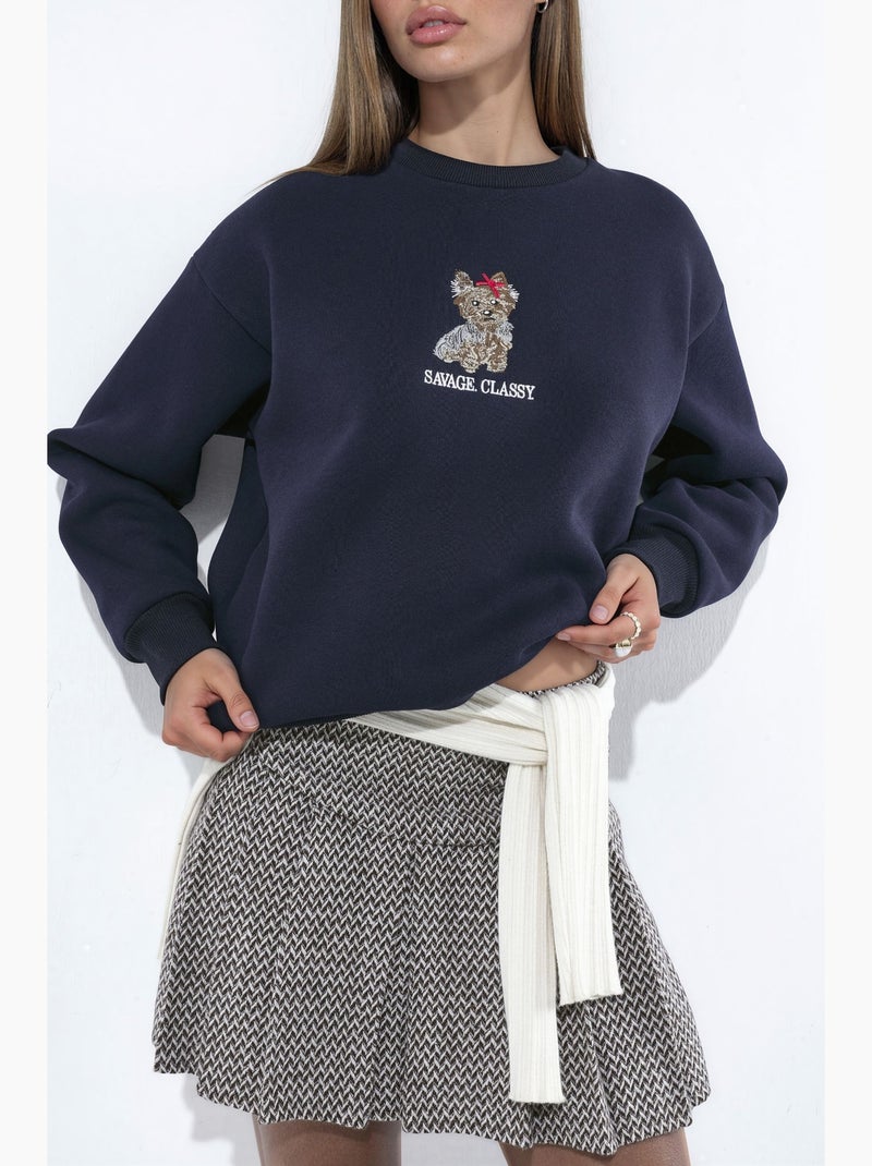 Sweat-shirt ras du cou brodé hiccup Bleu marine - Kiabi