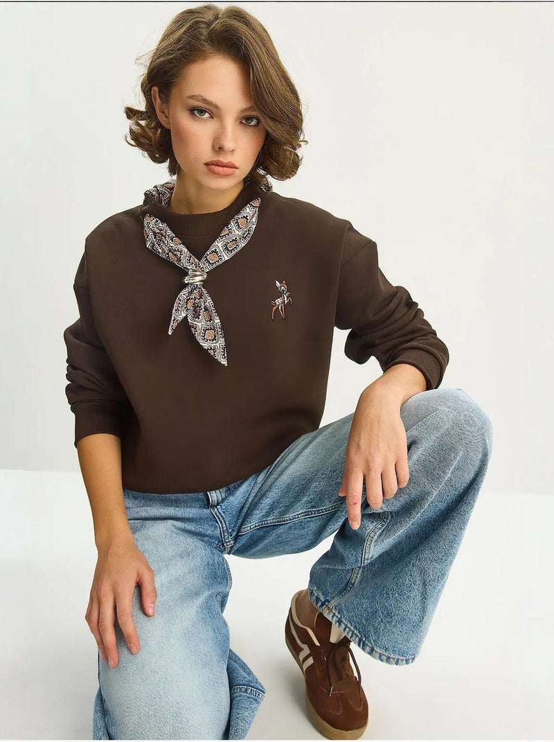 Sweat-shirt ras du cou brodé lucci Marron foncé - Kiabi