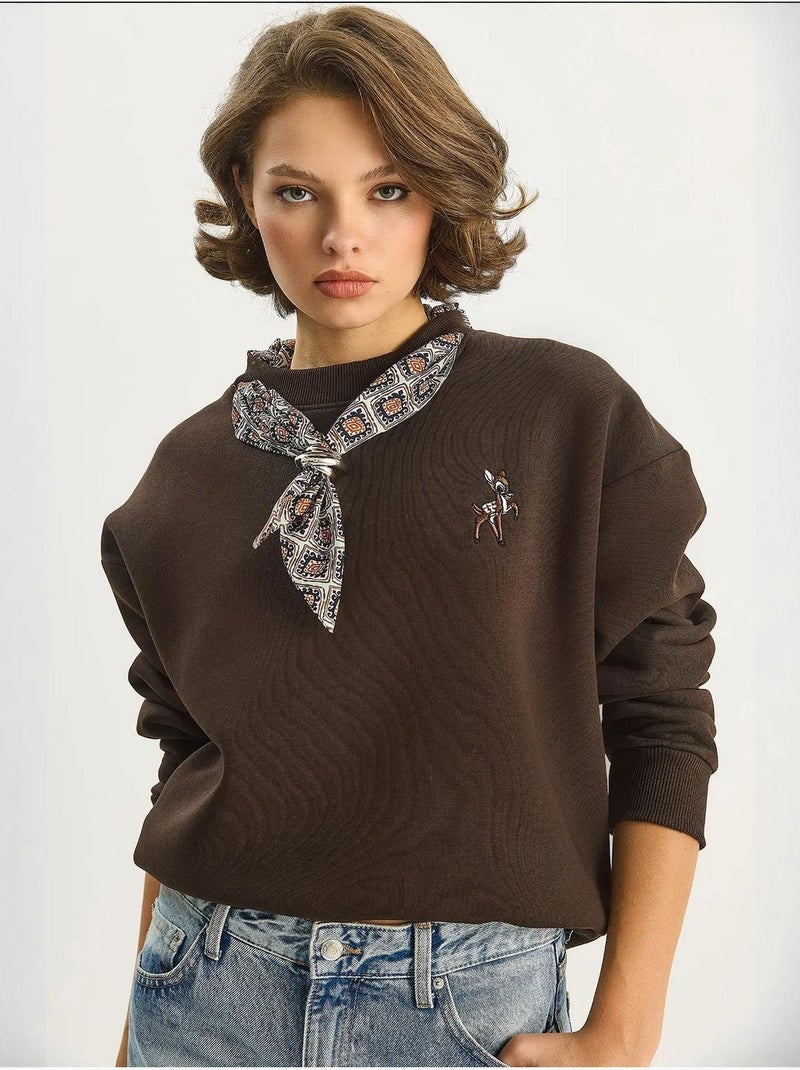 Sweat-shirt ras du cou brodé lucci Marron foncé - Kiabi