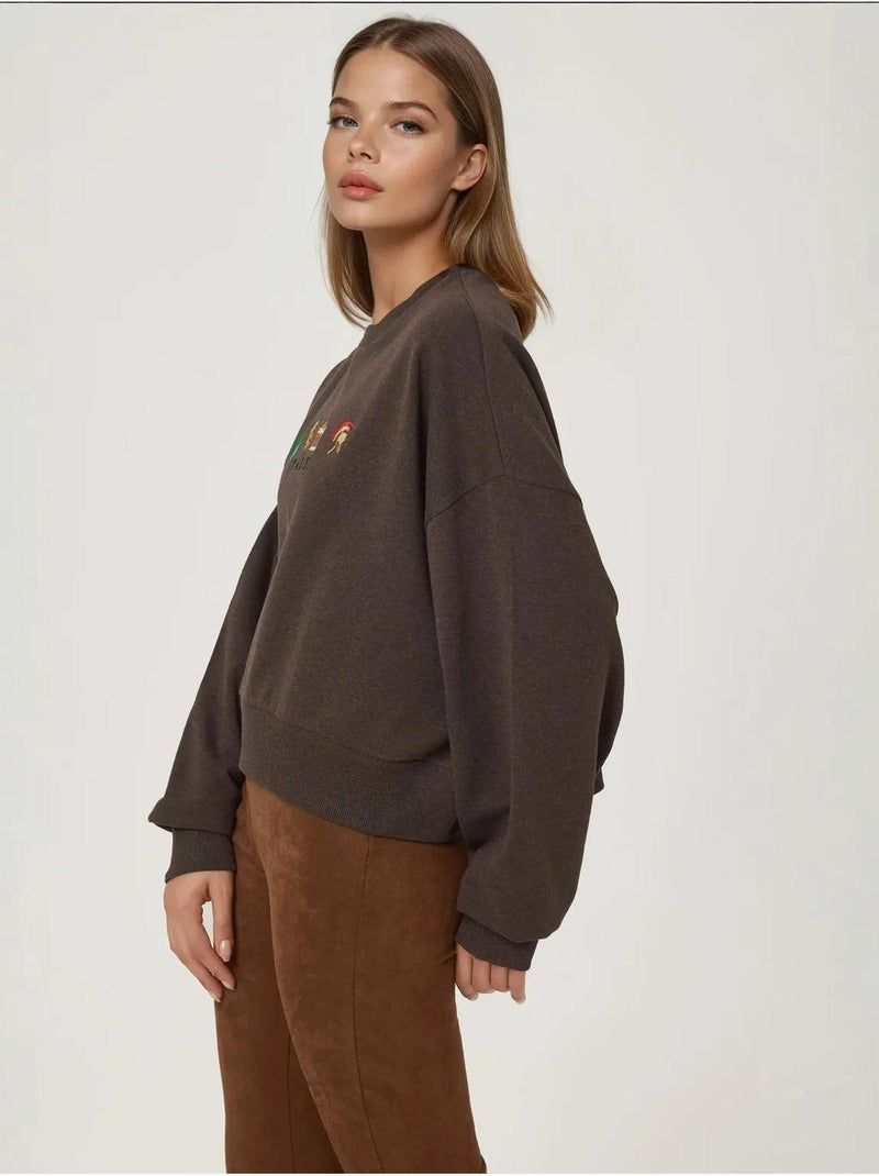 Sweat-shirt ras du cou brodé Marron foncé - Kiabi