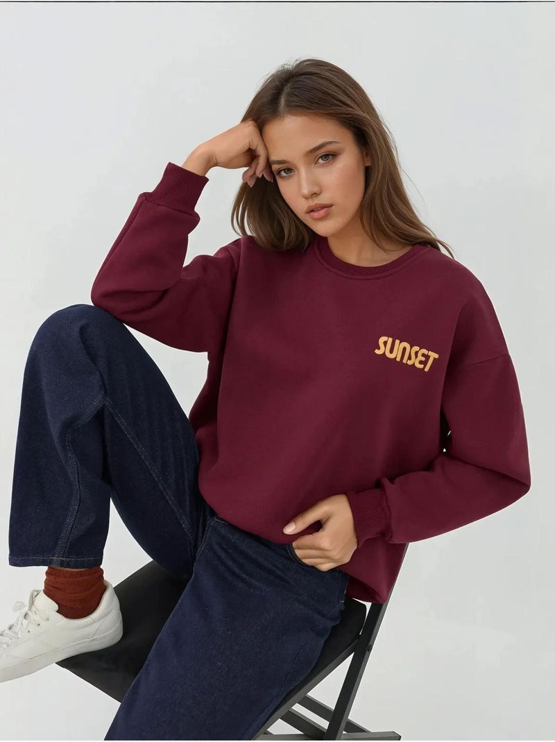 Sweat-shirt ras du cou brodé Rouge cachemire - Kiabi