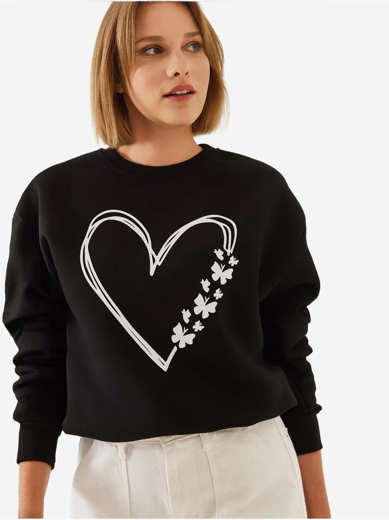 Sweat-shirt ras du cou en fil brossé imprimé cœur lucci Noir - Kiabi