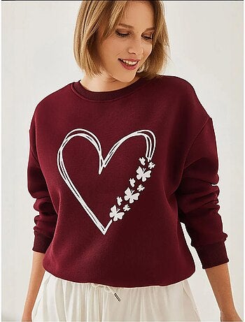 Sweat-shirt ras du cou en fil brossé imprimé cœur lucci
