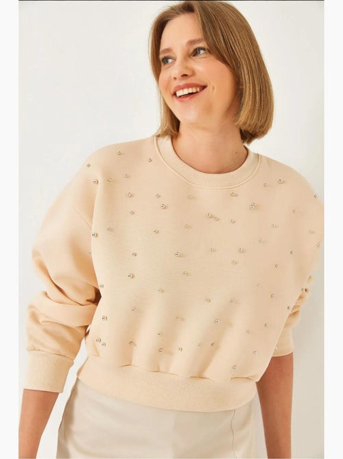Sweat-shirt ras du cou en tissu brossé triple fil orné de perles lucci - Kiabi Sweat-shirt ras du cou en tissu brossé triple fil orné de perles lucci - Kiabi