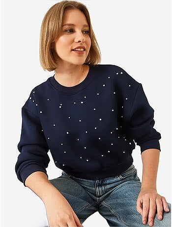 Sweat-shirt ras du cou en tissu brossé triple fil orné de perles lucci